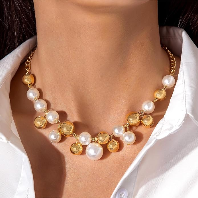 Chunky Pearls Statement Choker Necklace for Women,14K Gold Large Beaded Punk Ball Cluster Collar Necklace Party Dainty Jewelry Gift