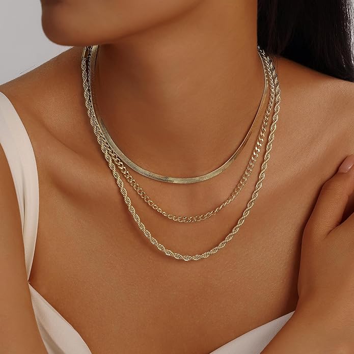 Evabelle Gold Layered Necklace for Women Trendy Jewelry 14K Real Gold Plated Chunky Chain Stackable Necklaces Dainty Choker Necklaces Rectangle Square Pendant