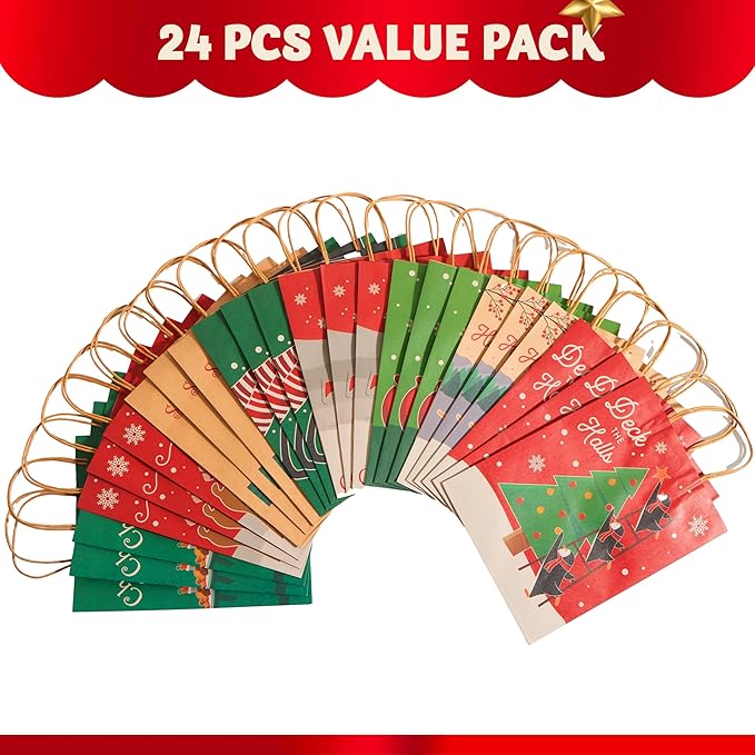 JOYIN 24 Pcs Christmas Kraft Gift Bags with Twine Handles, 10'' X 13'' X 5'' Large Xmas Goodie Goody Treat Bags for Holiday Present Wrapping, Christmas Decorations, Party Supplies Decor