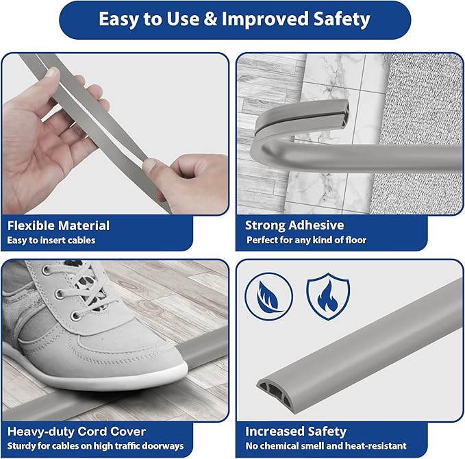 Cord Cover Floor 6ft Grey, PVC Floor Cable Cover, Cord Hider Floor Cord Protector Prevent Cable Trips & Protect Wires, Floor Cable Management Hide Cords on Floor, Cord Cavity - W0.47 x H0.28