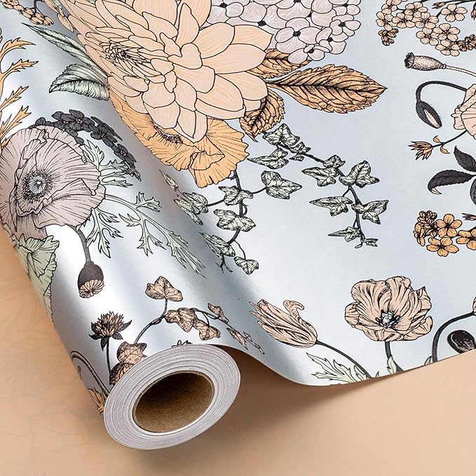 MAYPLUSS Floral Wrapping Paper Roll - 17Inch x 33Feet - Luxury Girly Vintage Flower Pattern Wedding Shower Gift Wrap Paper for Bridal Shower, Girl Birthday, Mother's Day, Engagement and Party
