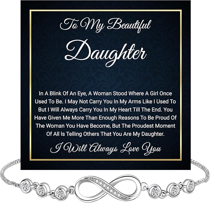 Daughter Infinity Heart Bracelet, Daughter Jewelry Gift From Mom or Dad with Message Card and Box Meaning