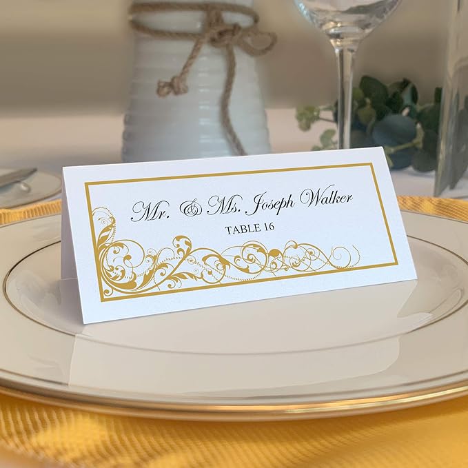Scribble Vintage Swirl Printable Place Cards, Gold (Choose Color), Set of 150 (25 Sheets), Laser & Inkjet Printers - Wedding, Party, Dinner, and Special Events - Made in the USA
