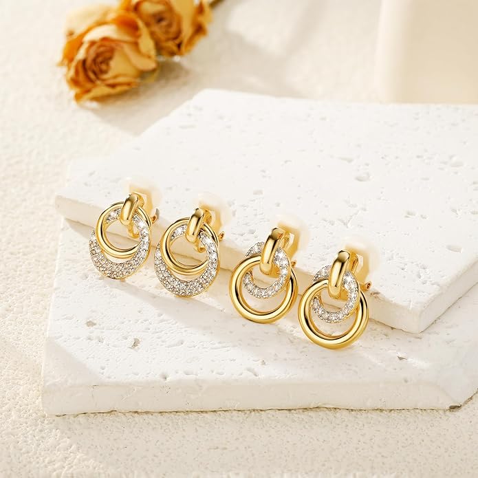 14K Gold Plated Chunky Clip On Earrings for Women 14k Gold Knot Link Clip Earrings Silver Rhinestone Hoop Clip On Earrings Jewelry for Women