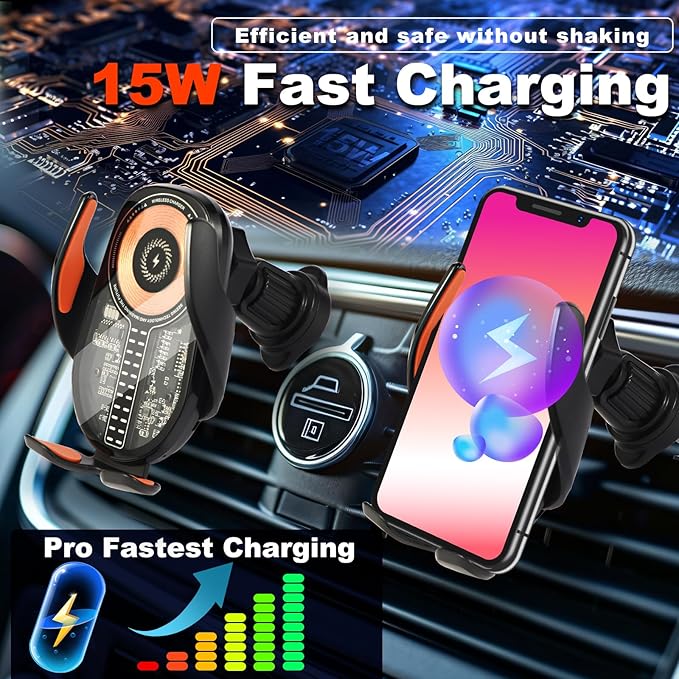 Wireless Car Charger, Cell Phone Car Mount 15W Fast Charging Auto Clamping for Car Vent Phone Holder Charger for iPhone 16 15 14 13 12 11 Pro Max, Glaxy S24 Ultra, LG, Google