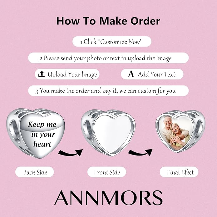 Annmors Personalized Photo Charms For Bracelets/Necklace 925 Sterling Silver Love Heart Shaped Engraved Customize Picture Gift for Birthday Mother's Day,Bead Charms Jewelry for Women