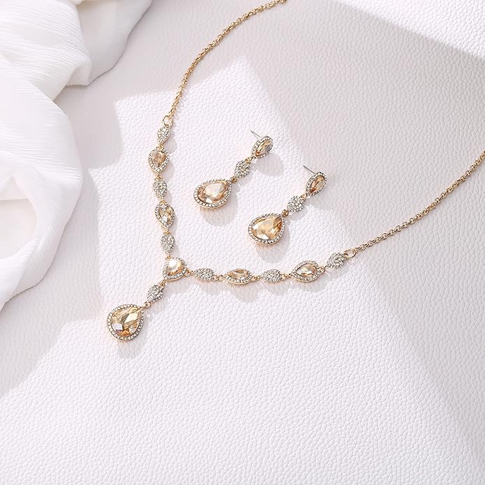 EleQueen Women's Cubic Zirconia Teardrop Y-Necklaces Dangle Earrings Jewelry Sets for Brides Bridesmaids