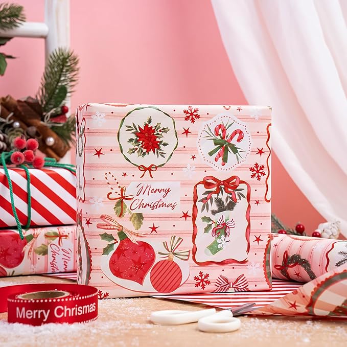 WRAPAHOLIC Reversible Christmas Wrapping Paper - Mini Roll - 17 Inch x 33 Feet - Pink & Red Classic Christmas Decor and Stripes Wrapping Paper for Xmas Holiday, Party Celebration