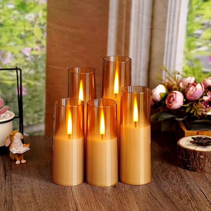 Flameless LED Candles, Battery Operated Upgraded Realistic 5 Pcs Flickering Flame Pillar Candles with Remote Timer, for Romantic Ambiance and Home Decoration (Gold)
