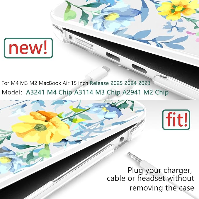 TWOLSKOO Compatible with M4 MacBook Air 15 inch Case 2025-2023 Released Model M4 A3241 M3 A3114 M2 A2941, Plastic Hard Shell & Screen Protector & Keyboard Cover & Type C Adapter, Blue Flowers
