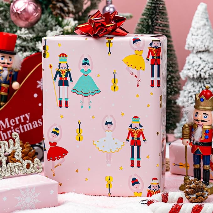 MAYPLUSS Pink Christmas Wrapping Paper Roll - 17IN X 33FT - Christmas Nutcracker Gift Wrapping Paper Featuring Ballet Guitar Gold Star Reversible Snowflake for Kids, Holiday, New Year