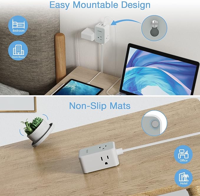 TESSAN Small Flat Plug Power Strip, Ultra Thin Extension Cord with 3 USB Wall Charger (1 USB C), 3 Outlets Mini Charging Station, 5 ft Slim Plug for Cruise Travel Office School Dorm Room Essentials