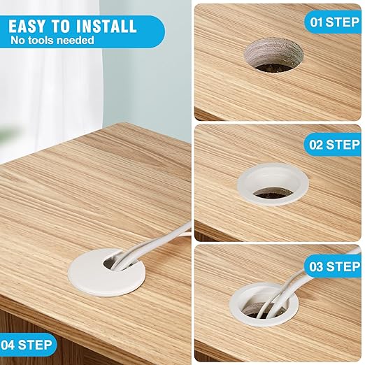 1-1/2" White Desk Grommet, JTemgle Plastic Cable Hole Cover Computer Table Cord Wire Organizer Caps Desktop Cord Management for Home Office TV Stands Tabletops, 2 Pieces