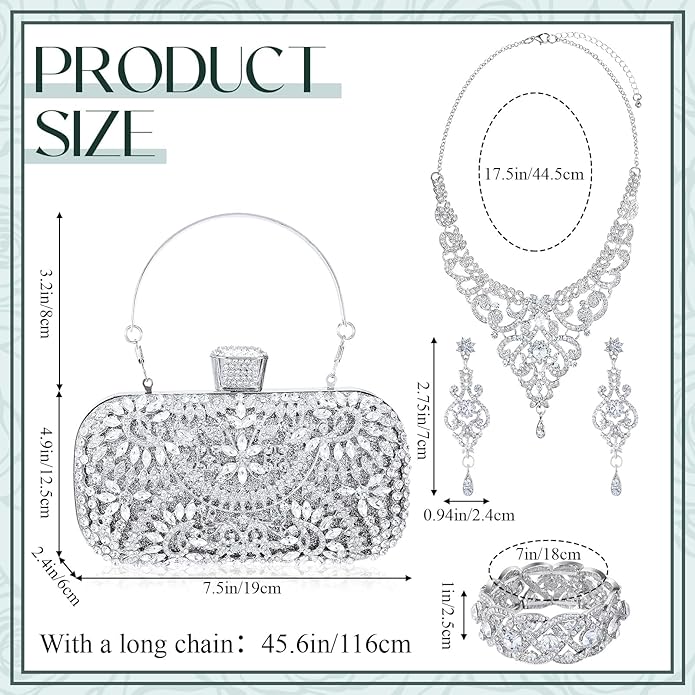 Quelay 4 Pcs Purse Rhinestone Jewelry Set Evening Clutch Bag Bling Crystal Necklace Dangle Earrings Bracelets Accessories