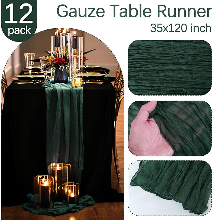 12 Pack Christmas Table Runner Emerald Green Cheesecloth Table Runner 10FT Boho Gauze Fabric 35 x 120 Inch Rustic Runner for Centerpiece Wedding Decor Baby Shower Party Table Decoration