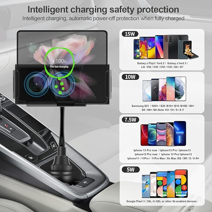 Wireless Car Charger for Z Fold 6/5/4/3, Dual Coil Cup Holder Phone Mount for Tesla, Fast Charging Auto Clamping Auto Rotation 90° Air Vent Mount for iPhone 16/15/14/13/12 Serie