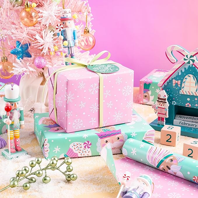 RUSPEPA Christmas Reversible Wrapping Paper Roll for Kids Girls, Mini Roll, Cute Santa Claus with Sweet Treats Design and Pink Snowflake for Holiday Gifts and Christmas Party, 17 Inches X 16.4 Feet