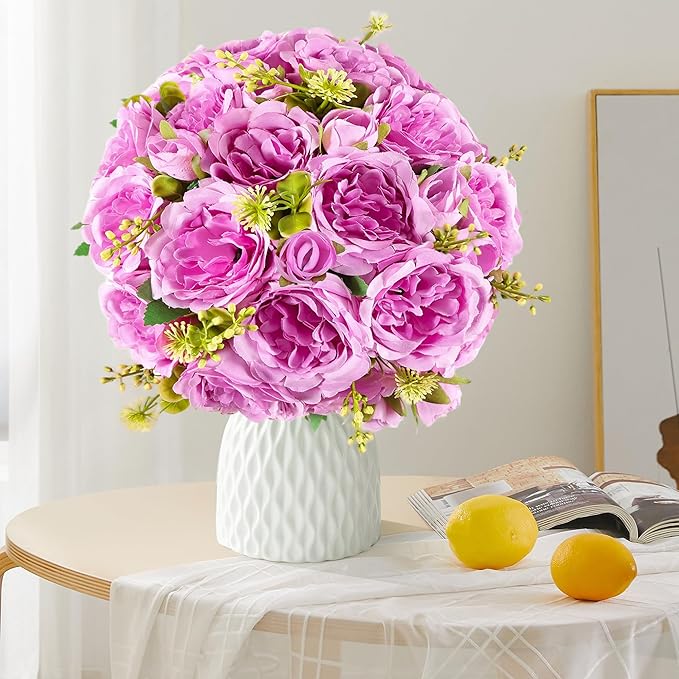 12 Packs Artificial Peonies Silk Flowers: Faux Peony Bouquet 12 Bundles, Fake Peonies Flowers Bulk for Centerpiece Table Wedding Party Home Decor for Vase Decoration (Light Purple)
