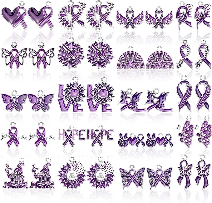MARFOREVER 40 Pcs/20 Pairs Domestic Violence Charms for Jewelry Making, Purple Ribbon Awareness Charm Alzheimers Pancreatic Cancer Charms Lupus Awareness Pendants for Bracelet Necklace Earrings Making