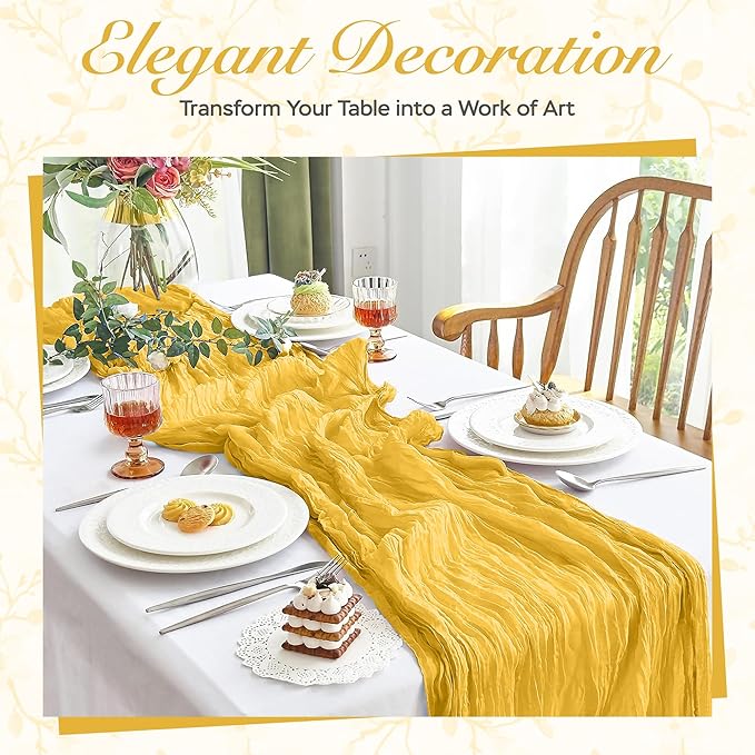 Cheesecloth Table Runner 6 Pack – 35x120 Inch (10ft) Boho Rustic Gauze Cloth Runners – Crinkle Polyester Table Decor for Wedding, Baby Shower, Bridal Shower, Birthday Party and More (Gold Yellow)