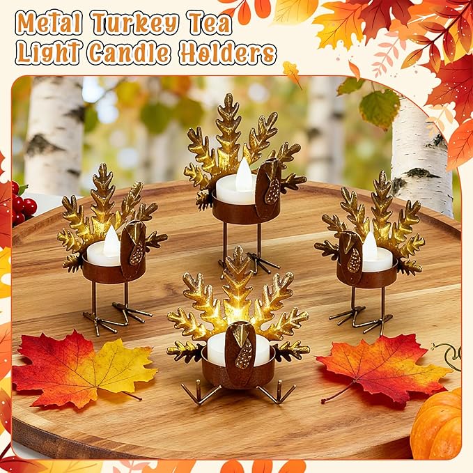 Meanplan 8 Sets 2-in-1 Turkey Candle Holder Set Turkey Tealight and Metal Votive Candle Holders Thanksgiving Table Centerpiece Decor Sitting Standing Turkeys Candlesticks for Home Table Mantle Decor