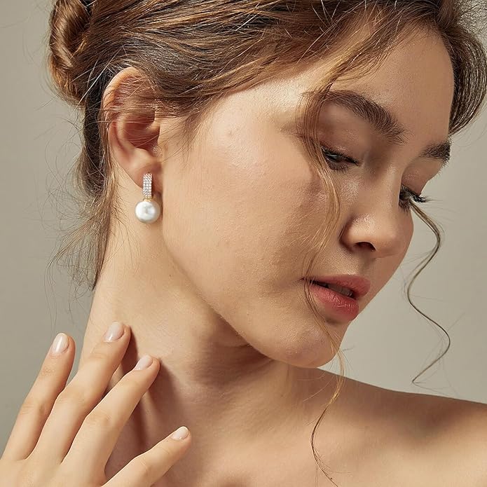 Pearl Earrings for Women 14K Gold Plated Hypoallergenic Pearl Earrings 5A Cubic Zirconia Dangle Earrings Elegant Jewelry