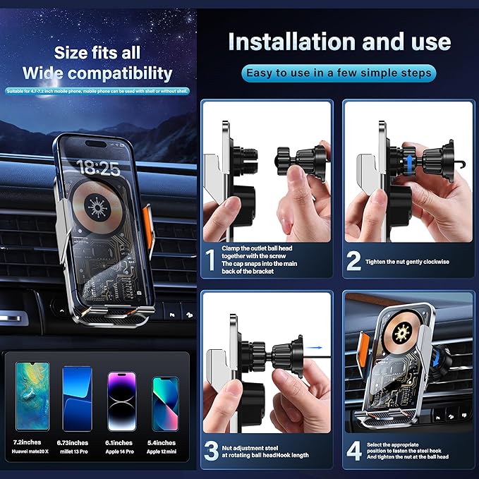 Wireless Car Charger Holder, 15W Fast Charging Car Phone Holder Charger Auto-Clamping 360° Rotation Adjustable Air Vent Phone Mount Car Charger with Luminous Logo for iPhone 16 15 14 13 S24 S23 S22