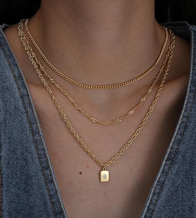 YEEZII Layered Gold Necklaces for Women Trendy, 3 Pcs 14K Gold Plated Choker Paperclip Box Chain Necklace, Stackable Women's Gold Pendant Necklaces Jewelry Set
