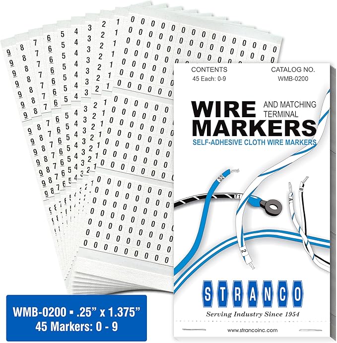 Premium Wire Marker Book for Cable Management, Vinyl-Coated, High-Tack Adhesive, Electric Panel Wire Label Stickers - 10 Pages with 45 Labels Each, 1 Book, Numbered 0-9 (Pack of 25)
