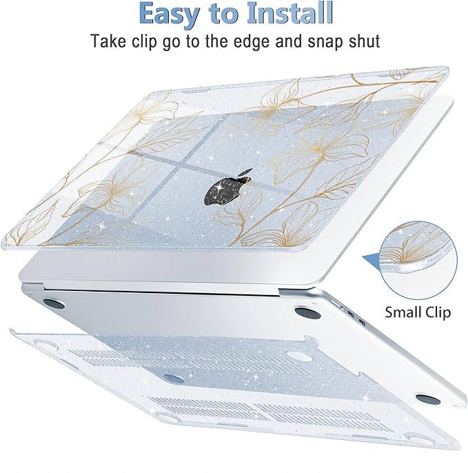 Mektron for 2025 MacBook Air 15 inch M4 Case A3241/ 2024 M3 A3114/ 2023 A2941 M2 Hard Printed Cover with 15.3 Liquid Retina Display Touch ID with Keyboard Skin- Gold Flower S718-Glitter Blue