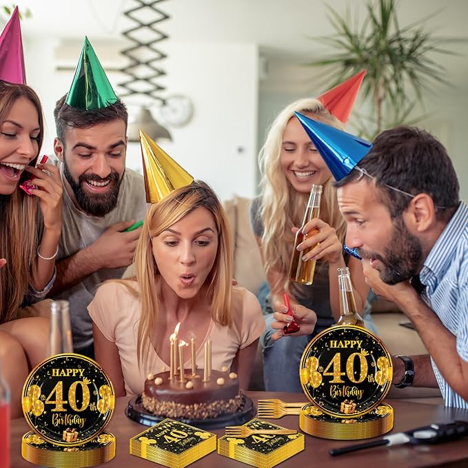 40th 7 inch Birthday Party Paper Plates and Napkins Forks 60 pcs Black Gold Decorations for Boys Girls Tableware Set for Birthday Anniversary Party Supplies,Serve 20