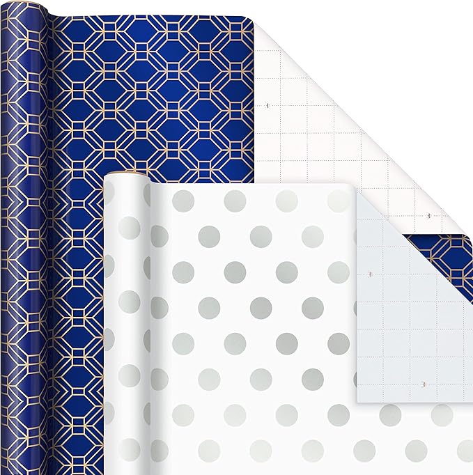 Hallmark Metallic Wrapping Paper Bundle with Cutlines on Reverse (6 Rolls: 210 Square Feet Total) Navy, Gold, Silver and White for Birthdays, Weddings, Graduations, Hanukkah, Christmas