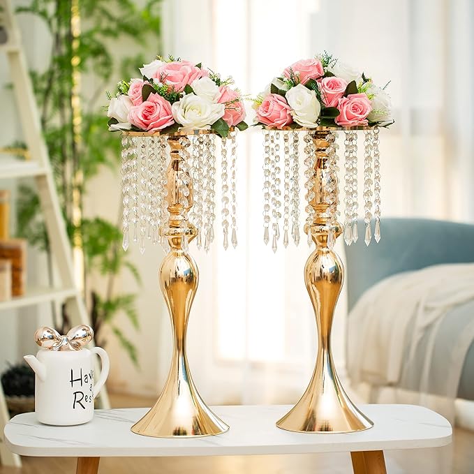 Gold Centerpieces for Table Wedding: 21.3in Crystal Flower Arrangement Stand, Gold Flower Vase, Wedding Centerpieces for Tablesfor Event, Reception, Birthday, Home Decor, 2 Pcs