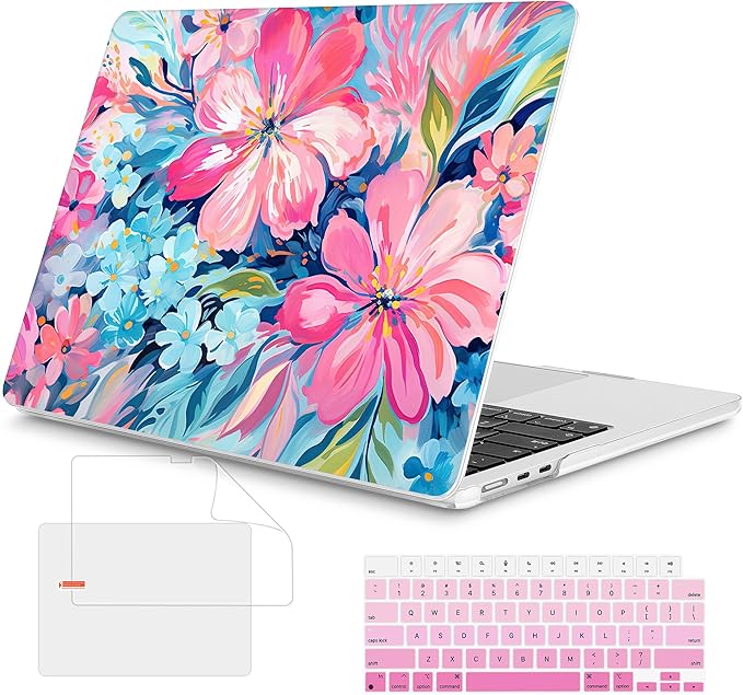 Mektron Compatible with M4 MacBook Air 15 inch Case 2025 A3241 2024 2023 M3 A3114 A2941 M2 Liquid Retina Display Touch ID, Plastic Hard Case & Keyboard Skin & Screen Protector - Hand-Painted Flowers