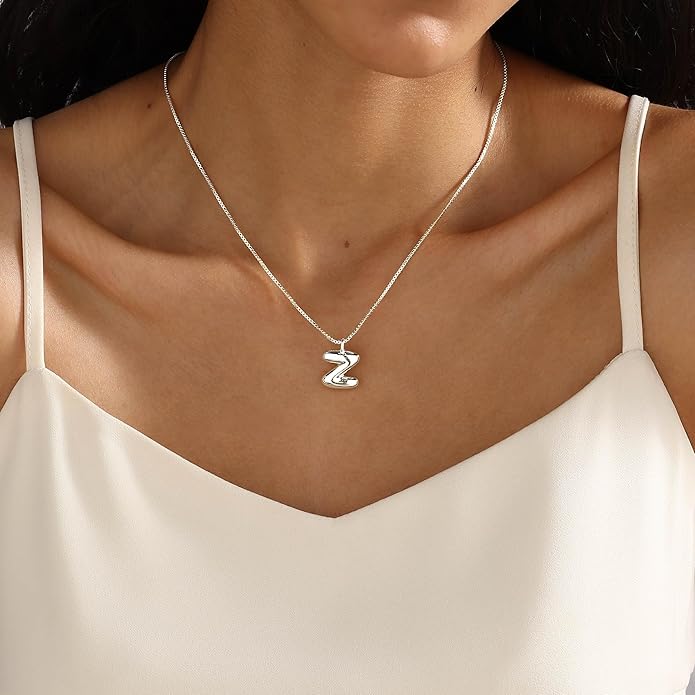Bubble Gold Silver Letter Necklace Initial Necklaces for Women Trendy 14K Dainty Charm Pendant Name Necklace Personalized Jewelry Gift for Women Teen