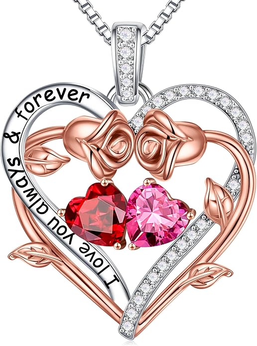 Iefil Valentines Gifts for Her Wife Women - Rose Heart Double Birthstone Necklace Gift for Wife Girlfriend Her Women, Birthstone Jewelry Gemstone Birthday Gifts for Mom Grandma Her