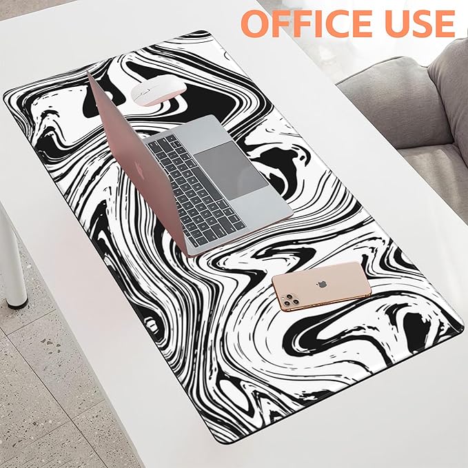 Mouse Pad Large Black and White Fluid Non-Slip Gaming Desk Mat with Stitched Edge Laptop Keyboard Desk Pad for Work Home Gaming (35.4 x 15.7 Inches)