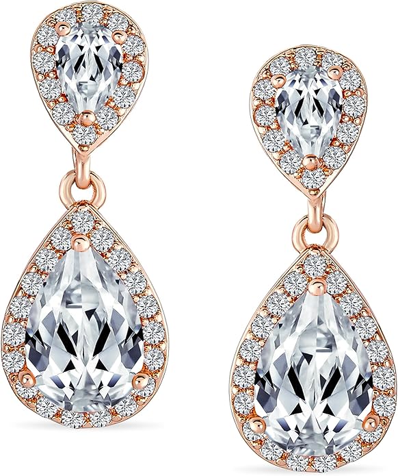 Vintage Style Bridal Cubic Zirconia Simulated Gemstone AAA CZ Halo Dangle Teardrop Chandelier Clip On Earrings For Women Silver Rose Gold Plated in Black Purple Blue Red Rose Pink Green Clear