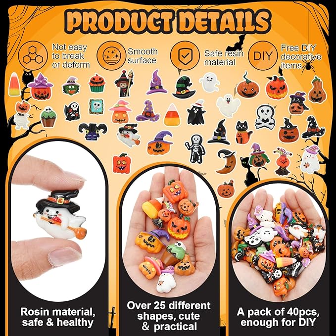 Giegxin 40pcs Halloween Resin Charms Halloween Decor Pumpkin Witch Hat Candy Corn Ghost Flatback Cabochon Accessories Cute Embellishment Bulk for Jewelry Cellphone Case Scrapbooking Headband DIY Craft