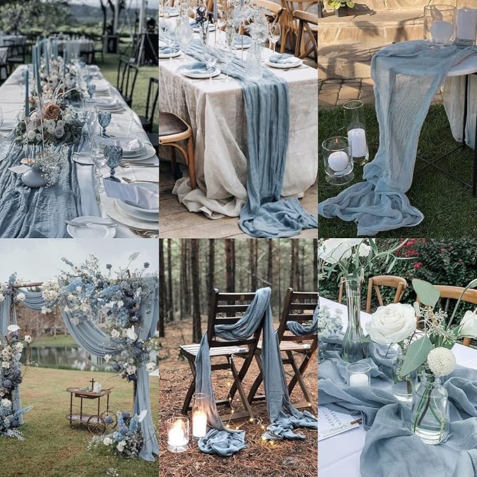 12 Pack Dusty Blue Cheesecloth Table Runner 10FT Boho Gauze Fabric Table Runner 35 x 120 Inch Rustic Sheer Runner for Centerpiece Wedding Decor Party Boho Table Decoration（Dusty Blue）