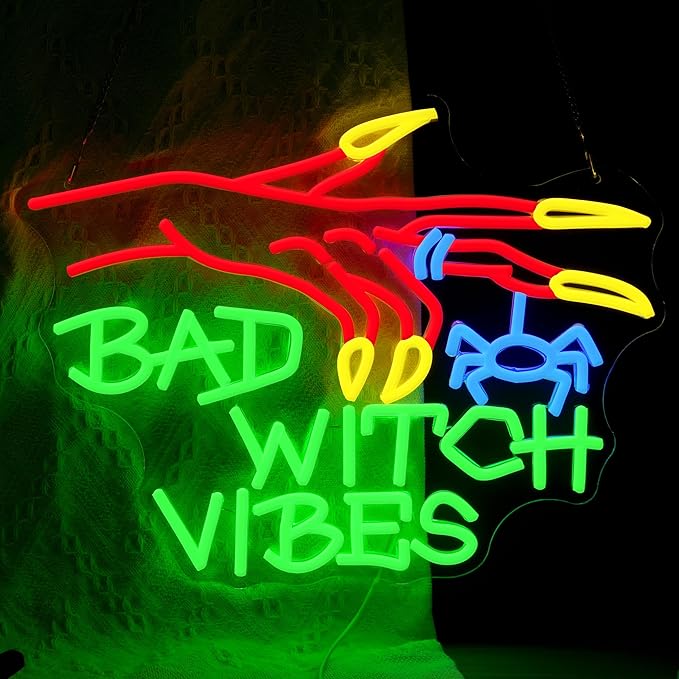 Bad Witch Halloween Neon Sign for Party Gothic Witch Hand Neon Light Scared Spider Light Up Sign for Halloween Christmas Bedroom Haunted Mansion House Club Witch fans(16.5 * 12.5in)