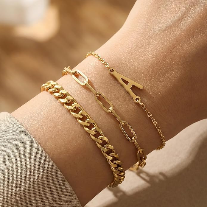 14K Gold Plated Bracelets for Women, A–Z Initial Charm Bangles Jewelry Set, Elegant Gold Accessories, Friendship Bracelet Gifts for Mom