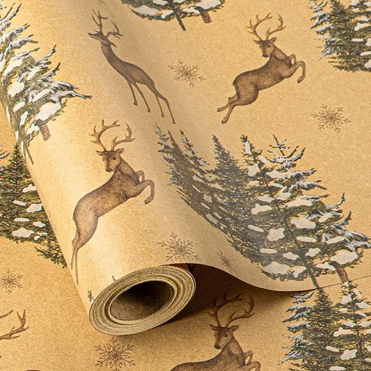 Garbendy Kraft Wrapping Paper Roll - 17 Inch X 32.8 Feet - Reindeer & Christmas Trees Design Printed in Wrapping Paper with Cut Lines on Reverse Perfect for Christmas, Birthday, Baby Shower,Party