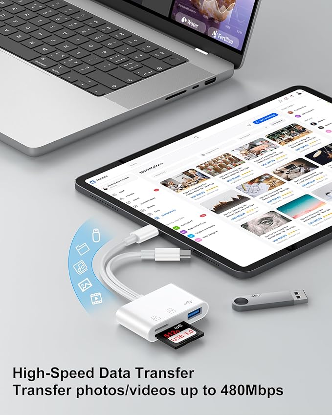 SD Card Reader for iPhone, iPad, Samsung, Memory SD Card Reader USB C&Lightning Dual Port Micro SD Card Reader with USB Camera Adapter Plug and Play Trail Game Camera Card Viewer Supports SD/TF Card