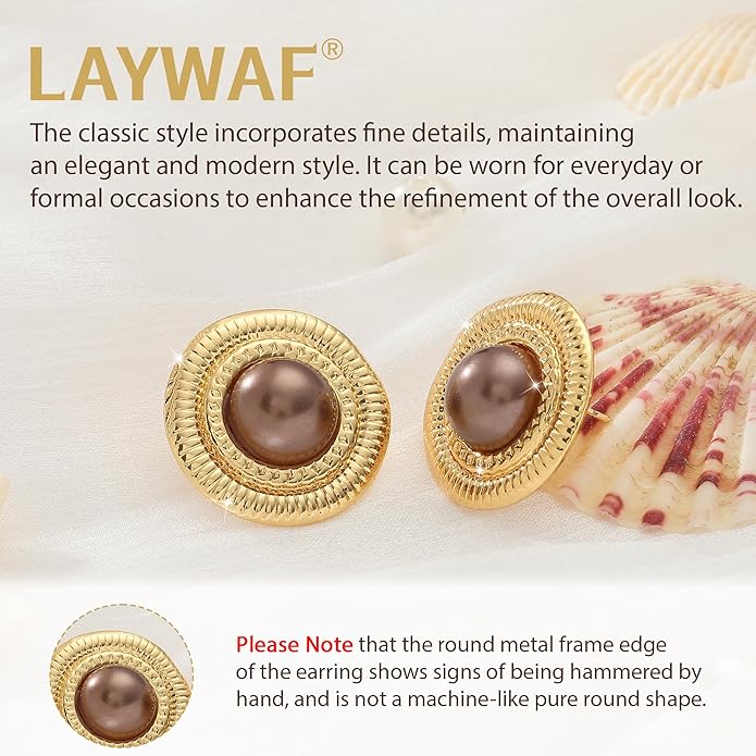 Faux Pearl Gold Plated Stud Earrings for Women, Hypoallergenic Stainless Steel Ear Pin, Available in a Variety of Pearl Colors