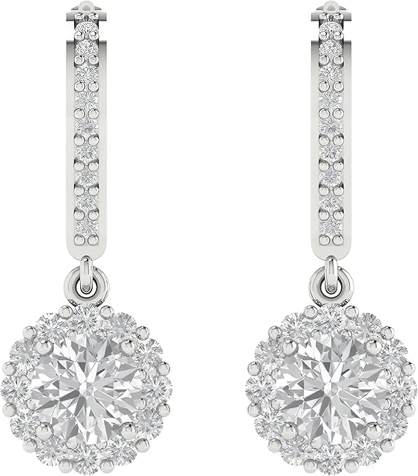 14K White Gold Moissanite Earrings Men & Women, Solid Gold Simulated Diamond and Lab Diamonds Studs for Men & Women, 1ct - 2ct Round, Princess, Heart, Halo Cut, Dangle, Lever or Screw Back Earrings, VVS1, D Color, Pink or Blue - Luxury Gift Box