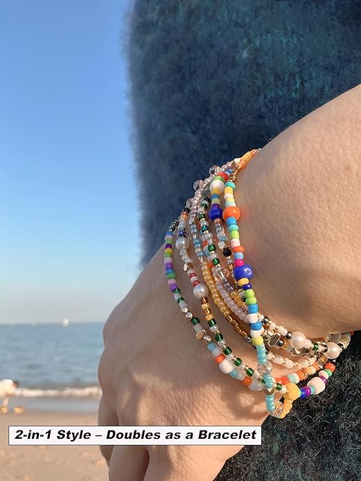 Handmade Bohemian Beaded Necklace for Women - Adjustable Layered Choker with Freshwater Pearls, Multicolor Glass Beads & 14K Gold Plated Stainless Steel, Summer Vacation Jewelry Gift