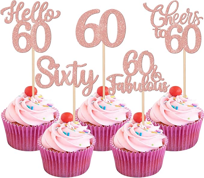 30PCS Happy 60th Birthday Cupcake Toppers Glitter Hello 60 Fabulous Sixty Cheers to 60 Years Old Birthday Cupcake Picks for Happy 60th Birthday Anniversary Party Cake Decorations Supplies Rose Gold