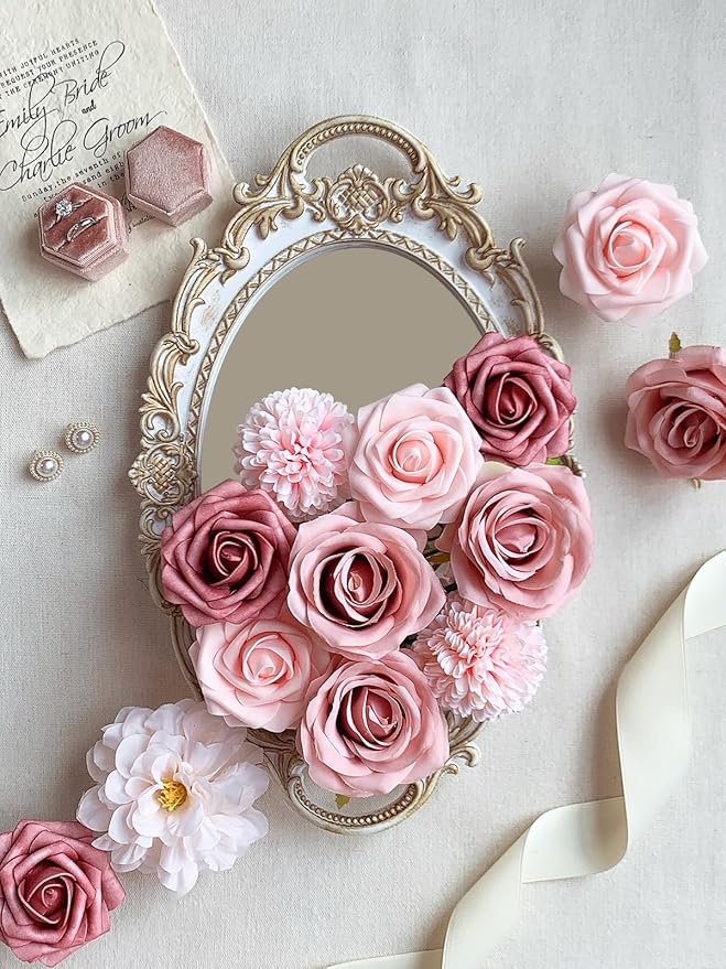 Roses Artificial Flowers Dusty Pink Bouquet Box Set Fake Flower for DIY Bridal Wedding Shower Decorations Faux Silk Floral Arrangements for Party Table Centerpieces Home Decor Indoor Blush