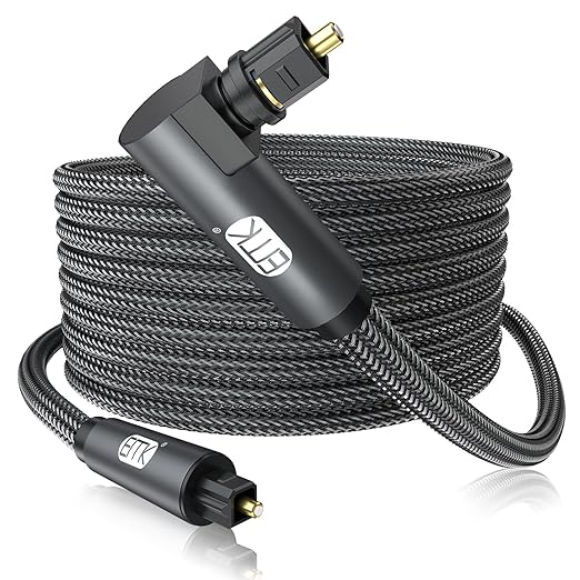 EMK 90 Degree Toslink Optical Cable 360 Degree Free-Rotating Plug Fiber Optic Cable S/PDIF Toslink Male to Male for Home Theater, Sound Bar, TV, PS4, Xbox,Grey (16ft/5m)